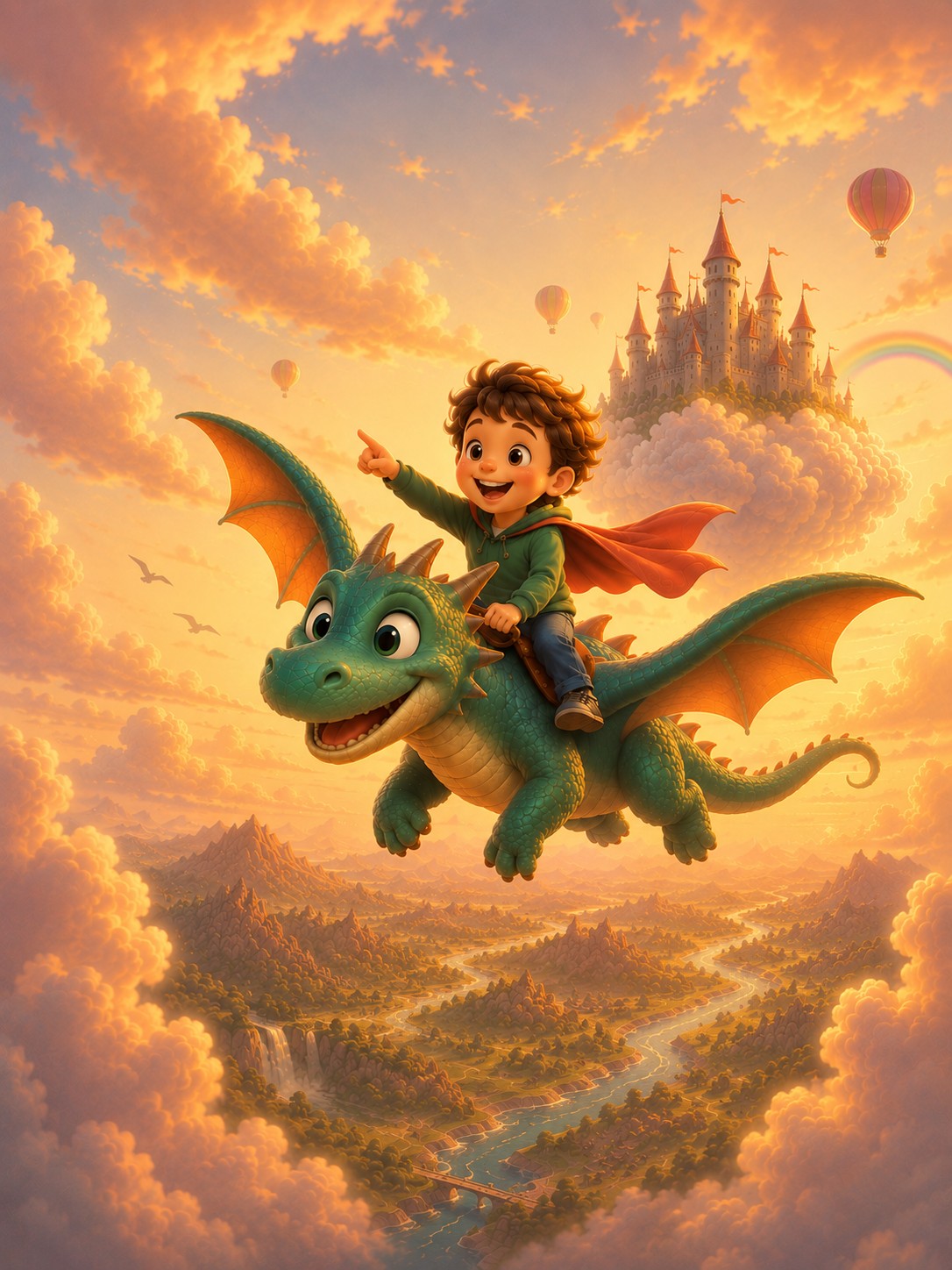 A joyful child riding a friendly dragon toward a fairy-tale castle — a personalized My Little Tale story cover