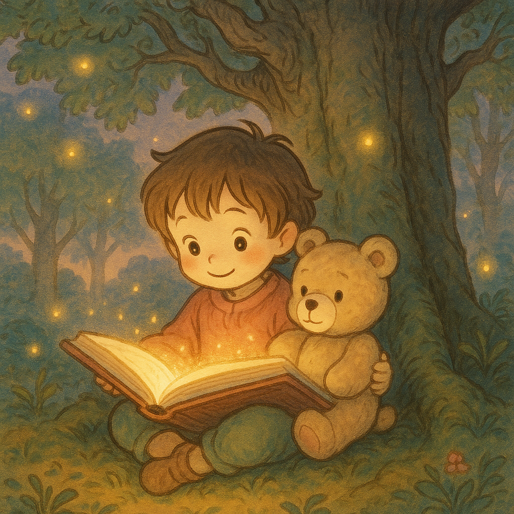 Anime illustration style — a child reading with a teddy bear