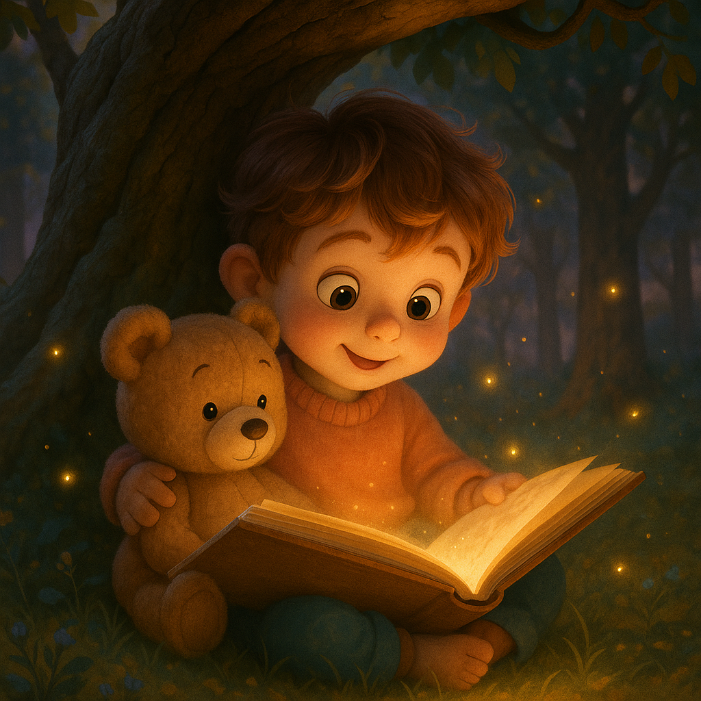 3D cartoon illustration style — a child reading with a teddy bear