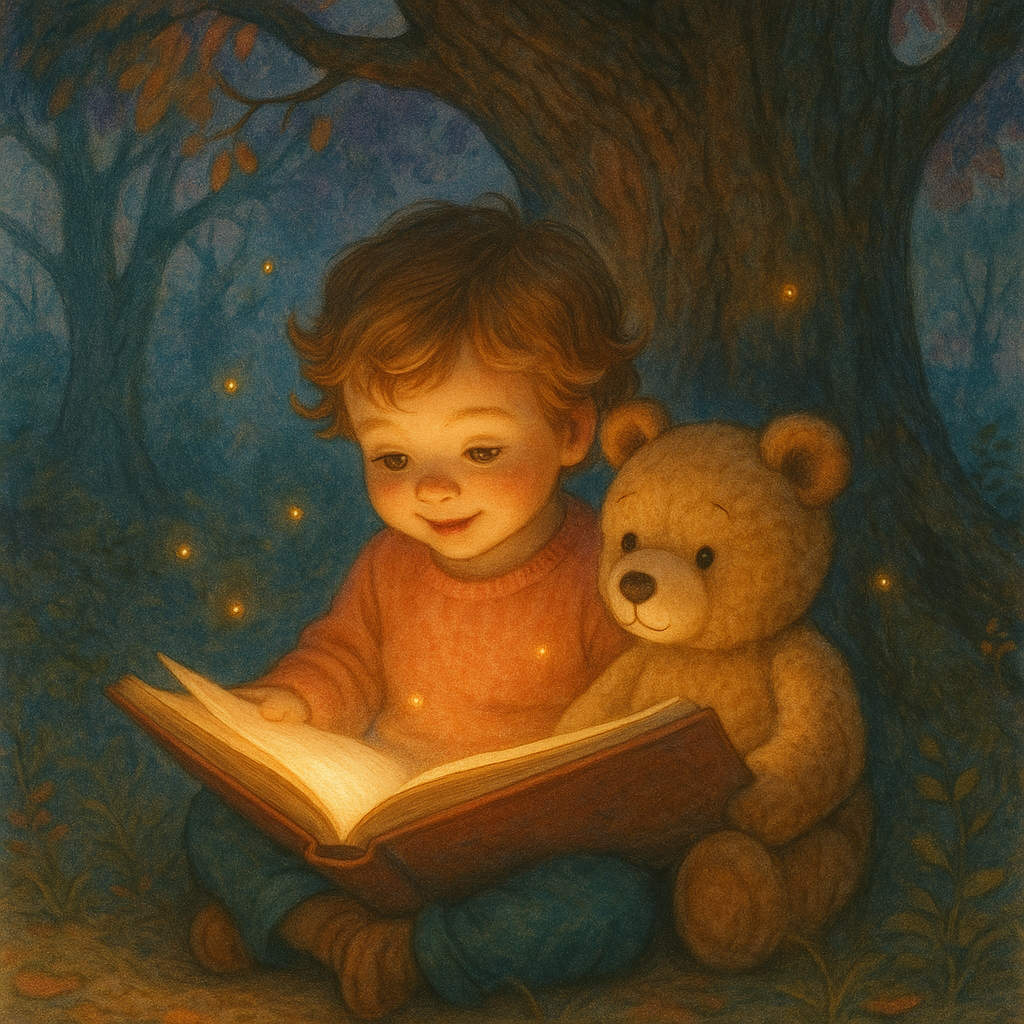 Classic storybook illustration style — a child reading with a teddy bear