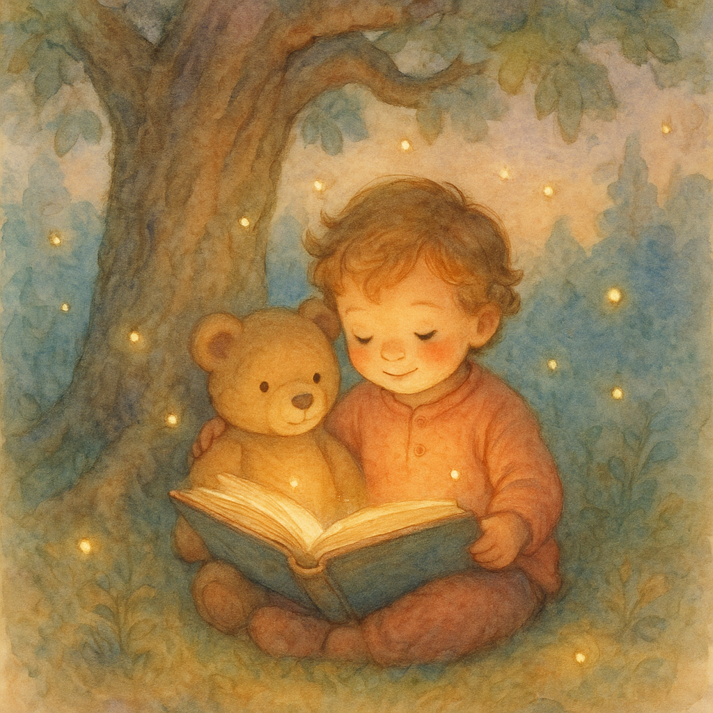 Watercolor illustration style — a child reading with a teddy bear